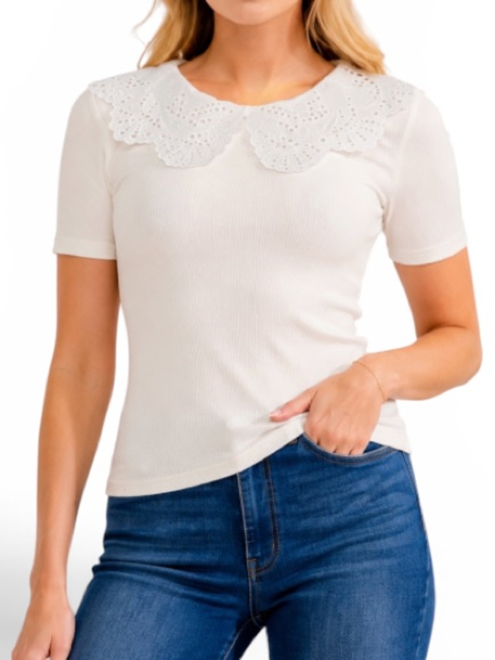 T160 - Ribbed Eyelet Collar Top | Ivory Rayon Blend Peter Pan Collar Blouse